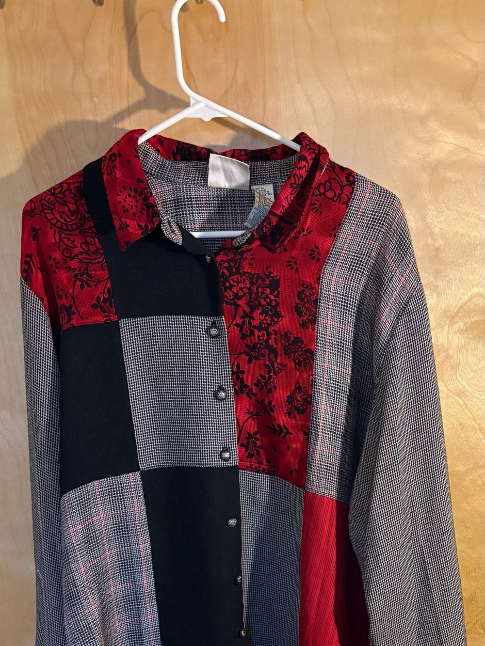 Vintage Napa Valley Patchwork Button Down Red Black Houndstooth Women’s Shirt XL